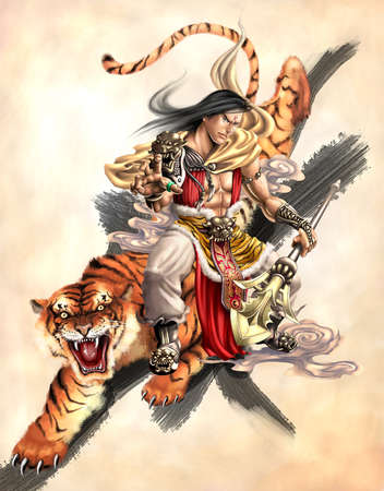 digital illustration of ancient chinese fantasy game character male dress in armor with crouching tiger in backgroundの写真素材
