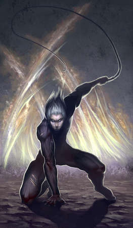 digital illustration of realistic full figure muscle man boy male swinging with action pose in fire as backgroundの写真素材