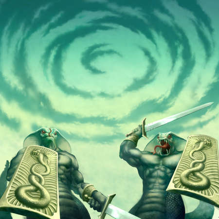 digital illustration of fantasy cobra creature warrior with shield and swordの写真素材