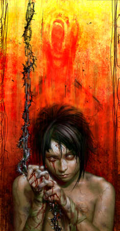 digital illustration of realistic boy girl with hatred evil symbol on forehead holding spike rope with blood dripping from hand and eyeの写真素材