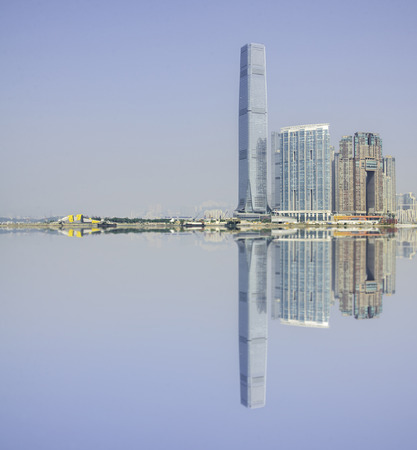 Hong Kong panorama in the morning over Victoria Harbour.