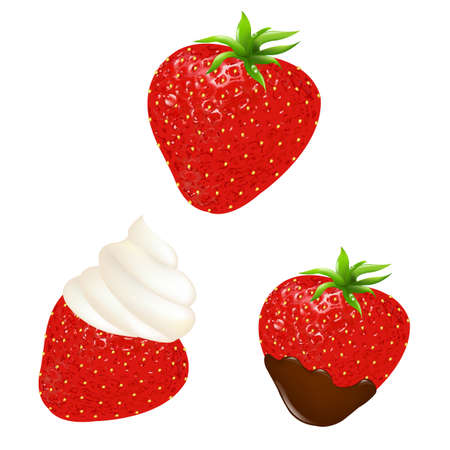 3 Strawberry Set With Chocolate and Cream, Isolated On White Background, Vector Illustrationのイラスト素材