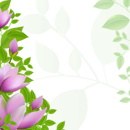 Green Background With Leaves And Magnolia, Vector Illustrationのイラスト素材