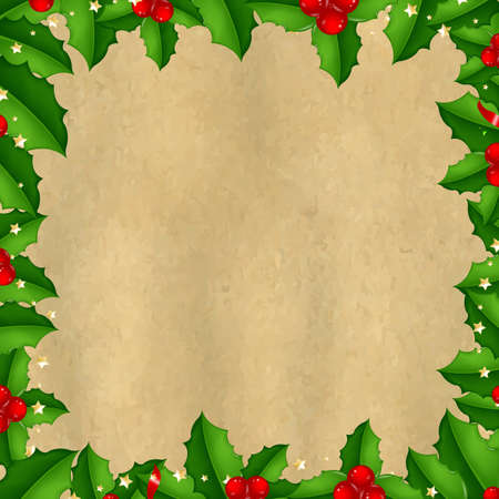 Border With Holly Berry And Vintage Paper, With Gradient Mesh,  Illustrationのイラスト素材