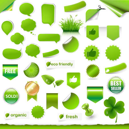 Big Green Labels, Ribbons And Objects Set With Gradient Mesh, Vector Illustrationのイラスト素材