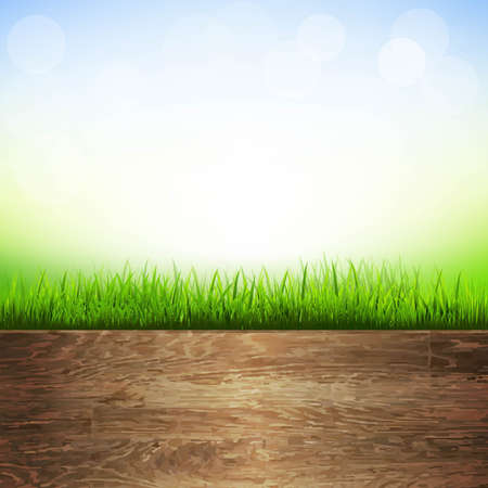 Wooden Background With Grass Border, With Gradient Mesh, Vector Illustrationのイラスト素材