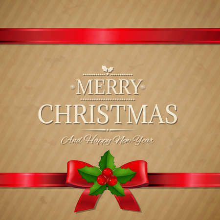Vintage Xmas Gift Card With Red Ribbon And Holly Berry With Gradient Mesh, Vector Illustrationのイラスト素材
