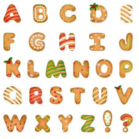 Xmas Gingerbread Cookie Alphabet With Gradient Mesh, Vector Illustrationのイラスト素材