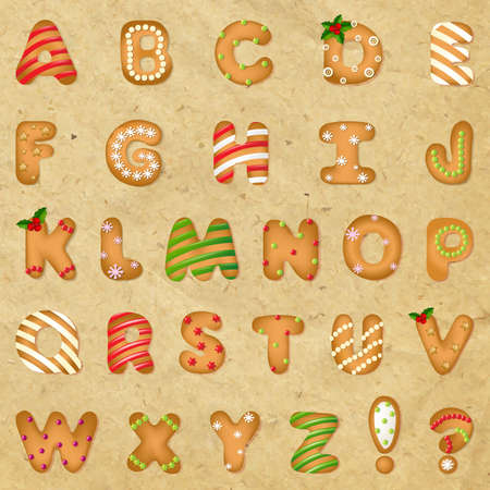 Xmas Gingerbread Cookie Alphabet With Retro Paper With Gradient Mesh, Vector Illustrationのイラスト素材