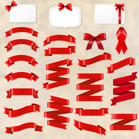 Red Ribbons Origami Set With Cardboard Background With Gradient Mesh, Vector Illustrationのイラスト素材