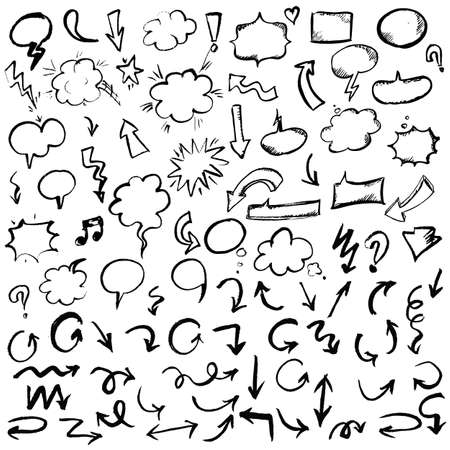 Black Hand Drawn Arrows And Speech Bubbles Set, Isolated on White Background, Vector Illustrationのイラスト素材