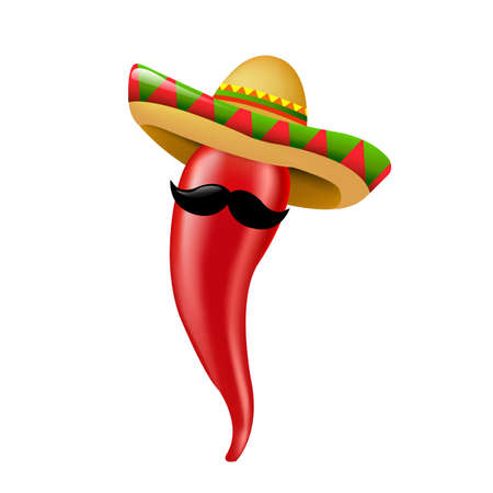 Hot Chilli Pepper With Sombrero And Moustaches With Gradient Mesh, Vector Illustrationのイラスト素材