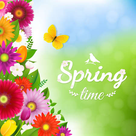 Spring Time Postcard With Butterfly With Gradient Mesh, Vector Illustrationのイラスト素材