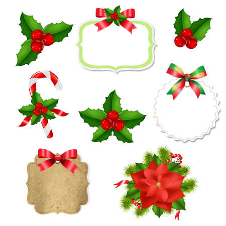 Christmas Labels Set With Red Bow And Holly Berry, With Gradient Mesh, Vector Illustrationのイラスト素材