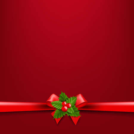 Christmas Ribbon Bow With Holly Berry And Red Background Gradient Mesh Vector Illustrationのイラスト素材