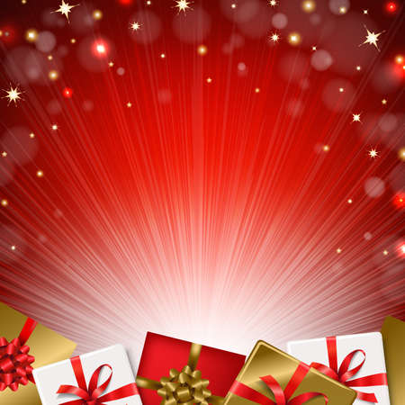 Red Sunburst Background With Gift Box With Gradient Mesh, Vector Illustrationのイラスト素材