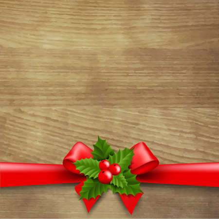 Wooden Background With Red Ribbon And Holly Berry With Gradient Mesh, Vector Illustrationのイラスト素材
