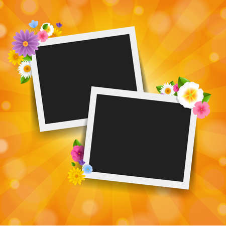 Photo Frame With Sunburst Background With Flowers Border With Gradient Mesh, Vector Illustrationのイラスト素材