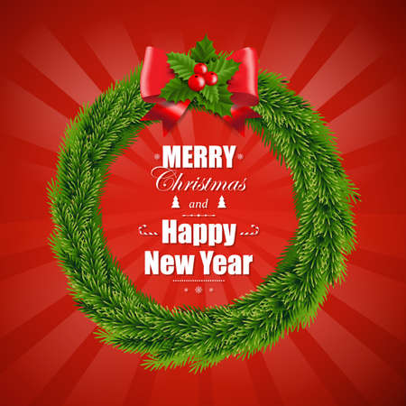 Christmas Wreath Isolated Red Background With Gradient Mesh, Vector Illustrationのイラスト素材