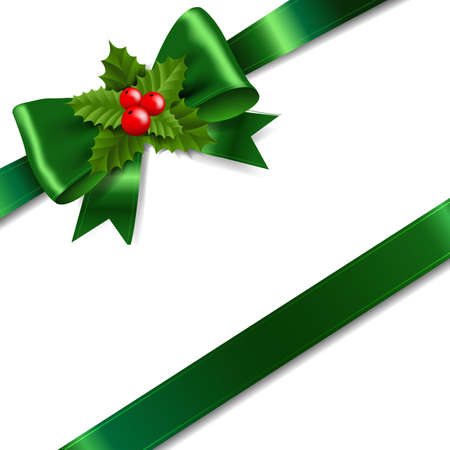 Green Bow With Holly Berry White Background With Gradient Mesh, Vector Illustrationのイラスト素材
