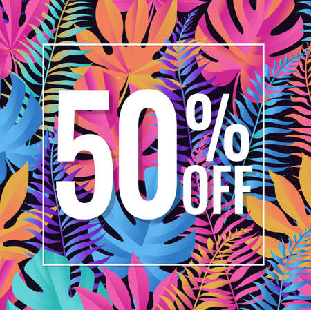 Sale Summer Banner With Tropical Leaves And Textのイラスト素材