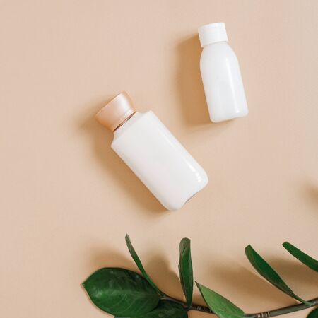 Organic cosmetics with a green branch of zamiokulkas and bottles of creams on a beige background, top view and flat layの写真素材
