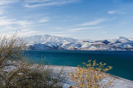 Charvak reservoir near Tashkent in the mountains in winterの写真素材