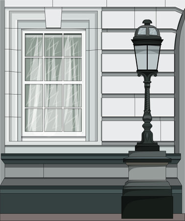 The facade of the building with a window and a street lamp in the classicism style.のイラスト素材