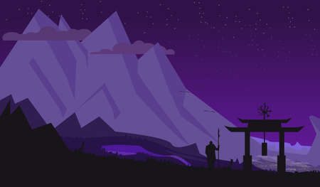 Night twilight scene landscape samurai with a spear overwatch spot mountains backgroundのイラスト素材