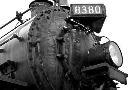 Closeup of steam locomotive in black and whiteの写真素材