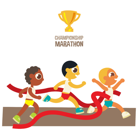 male championship marathon runners, winner crossing finish line, cartoon flat style character, vector illustration.のイラスト素材