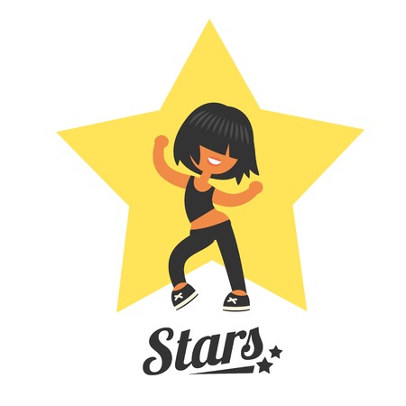 Black color short hairstyle, dancing beautiful smiling sporty teenager girl. Dance school. None stroke, cartoon flat style character, vector illustration.のイラスト素材