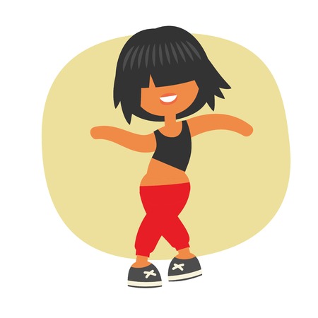Cartoon kid style, sporty dancing beautiful teenager girl character with black color short hairstyle, in red sports pants. Without outline cartoon flat style, vector illustration.のイラスト素材