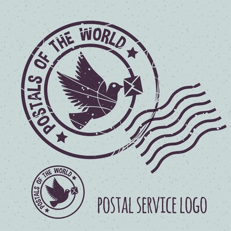 flying dove with envelope, postal postmark template. None stroke, cartoon flat style. Vector...