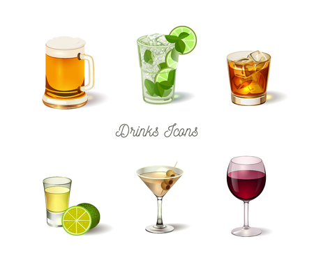 Alcohol drinks icons set, realistic illustrationのイラスト素材