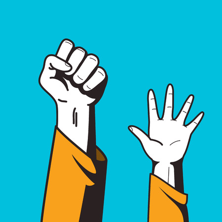 fist hand up, comics style vector illustration, isolated on blue sky backgroundのイラスト素材
