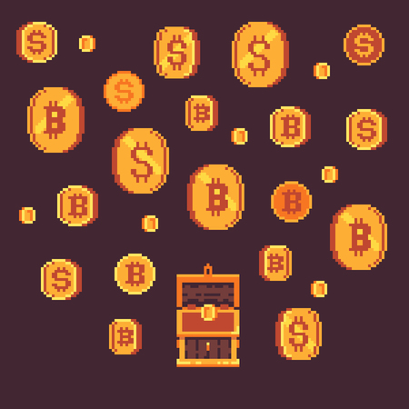 Bitcoin and golden coins with open chest, pixel art vector illustration.のイラスト素材