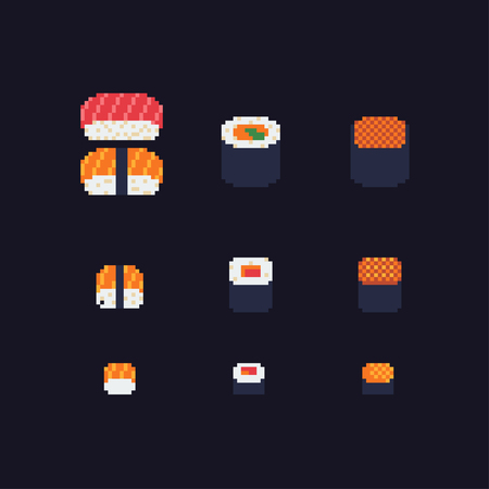 Sushi and rolls pixel art icons setのイラスト素材