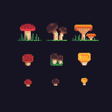 mushrooms pixel art icons set, vector illustration.のイラスト素材