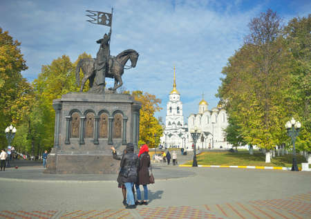 Monument of Prince Vladimir against Assumption cathedral Dormition Cathedral in Vladimir, Russia. Golden Ring of Russia.のeditorial素材