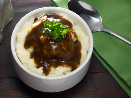 Mashed potatoes meal on the cutting boardの写真素材