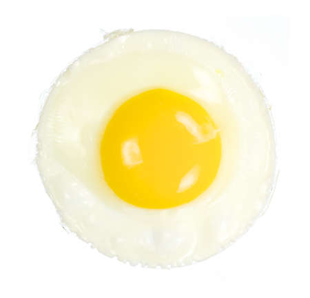 Closeup overview of fried egg isolated on whiteの写真素材