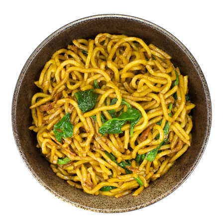 Stir-fried noodle with bacon and spinachの写真素材