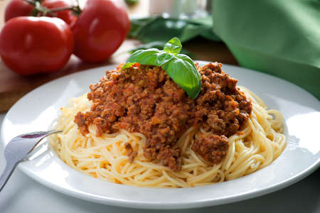 Closeup of fresh and delicious spaghetti bologneseの写真素材