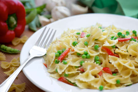 Closeup of a dish of bow-tie pastaの写真素材