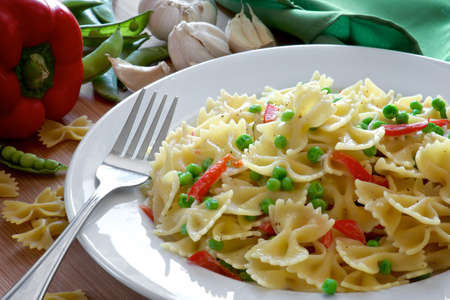 Closeup of a dish of bow-tie pastaの写真素材