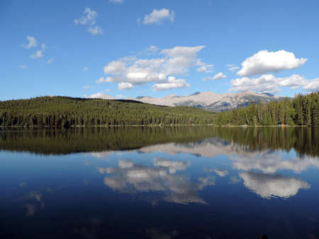 Reflections in Pyramid Lake taken near Jasper, Jasper National Park, Alberta, Canada.の写真素材