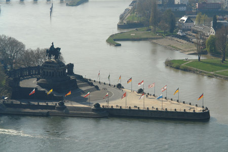 Deutsches Eck in Koblenz Germany where Rhine and Mosel come togetherの写真素材