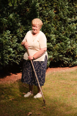 Senior woman with a passion for gardening working in her lovely gardenの写真素材