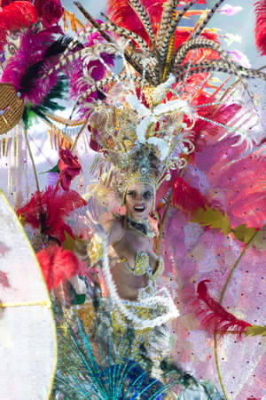 TENERIFE, FEBRUARY 3: Spectacular costumes worn by the queen candidates in the great Gala. FEBRUARY 3, 2016, Tenerife (Canary Islands) Spainのeditorial素材